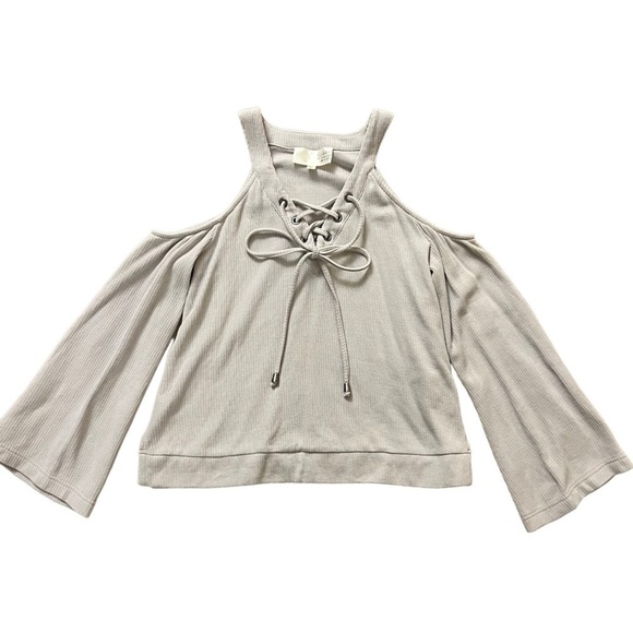 J.O.A. Sweater Cold Shoulder Lace-up Bell Sleeves in Light Gray XS - Picture 1 of 6
